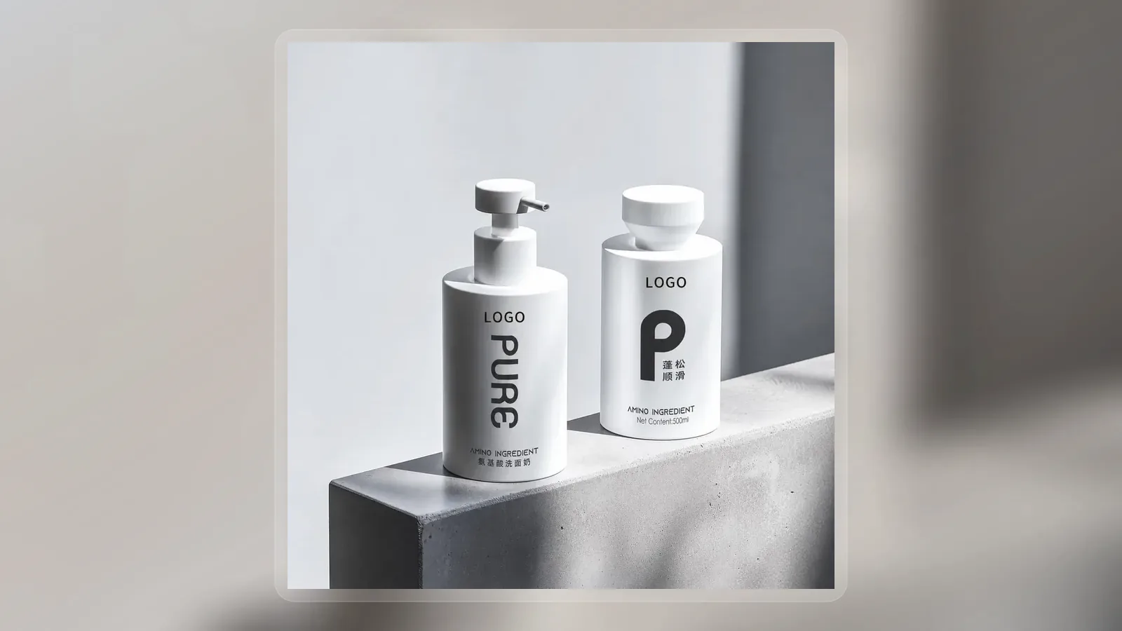 White leave in protein essence pump bottles on gray pedestal in wide presentation layout