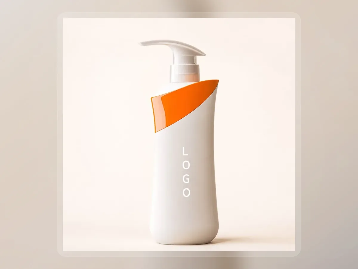 White oil control shampoo pump bottle with orange accent on premium extended background