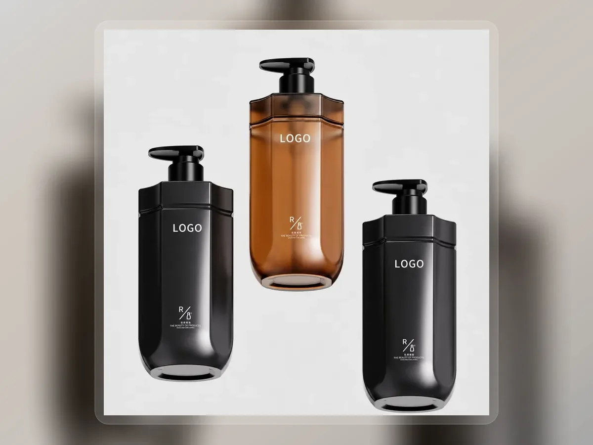 Black and amber soothing body wash pump bottles on premium extended background