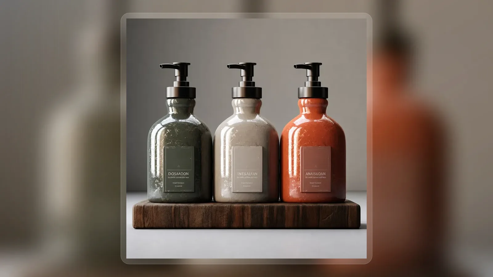 Black stone and orange oil control body wash bottles in wide presentation layout