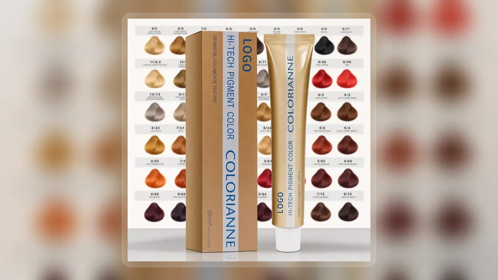 Vivid hair color tube with printed shade chart carton in wide presentation layout