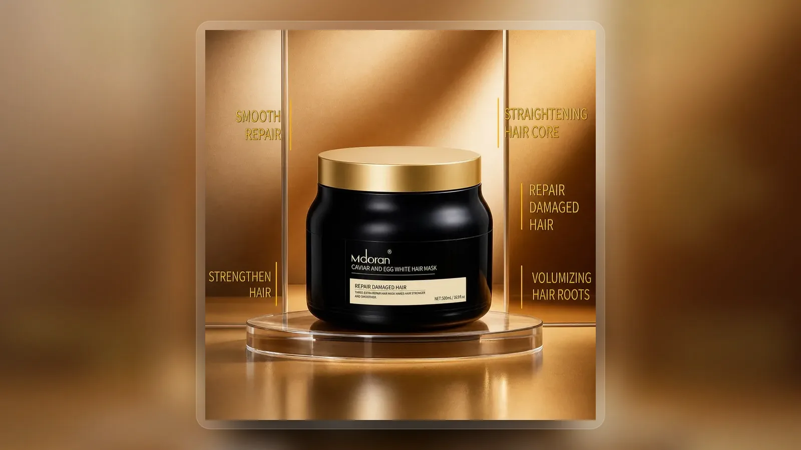 Black caviar hair mask jar with gold accented cartons in wide presentation layout