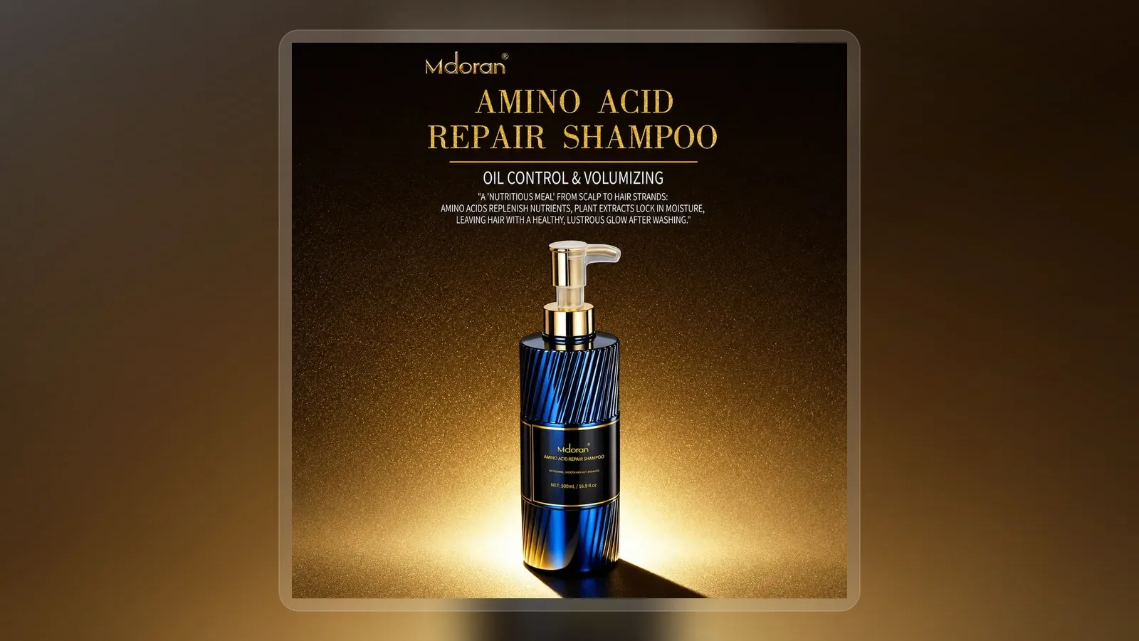 Dark scalp care shampoo bottle against gold presentation background in wide presentation layout