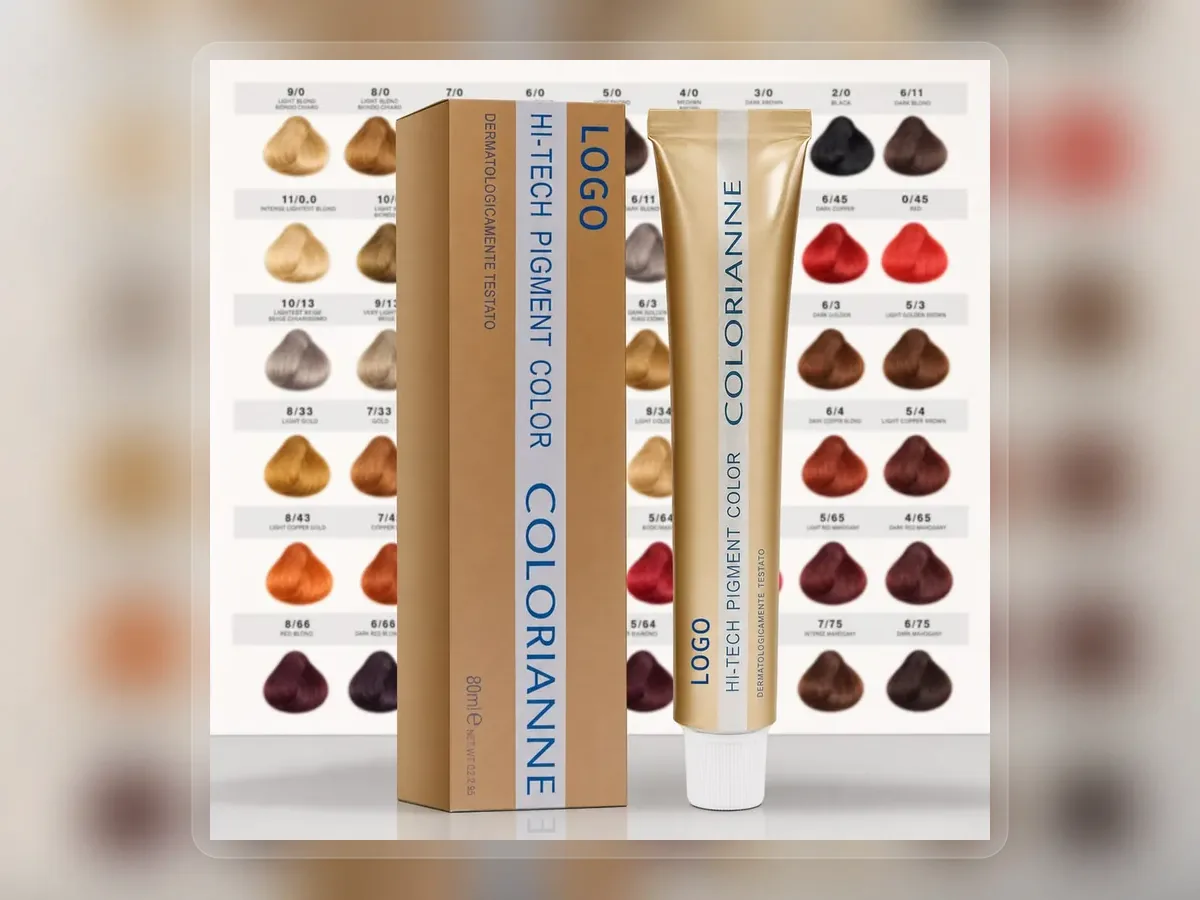 Vivid hair color tube with printed shade chart carton on premium extended background