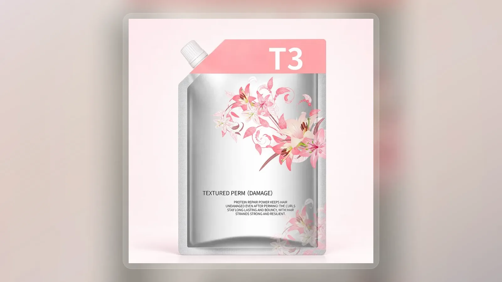 Pink floral thermal perm cream refill pouch in wide presentation layout