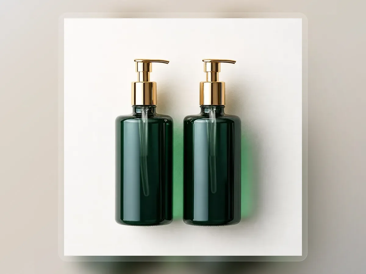 Dark green hair protein treatment pump bottles with gold pumps on premium extended background