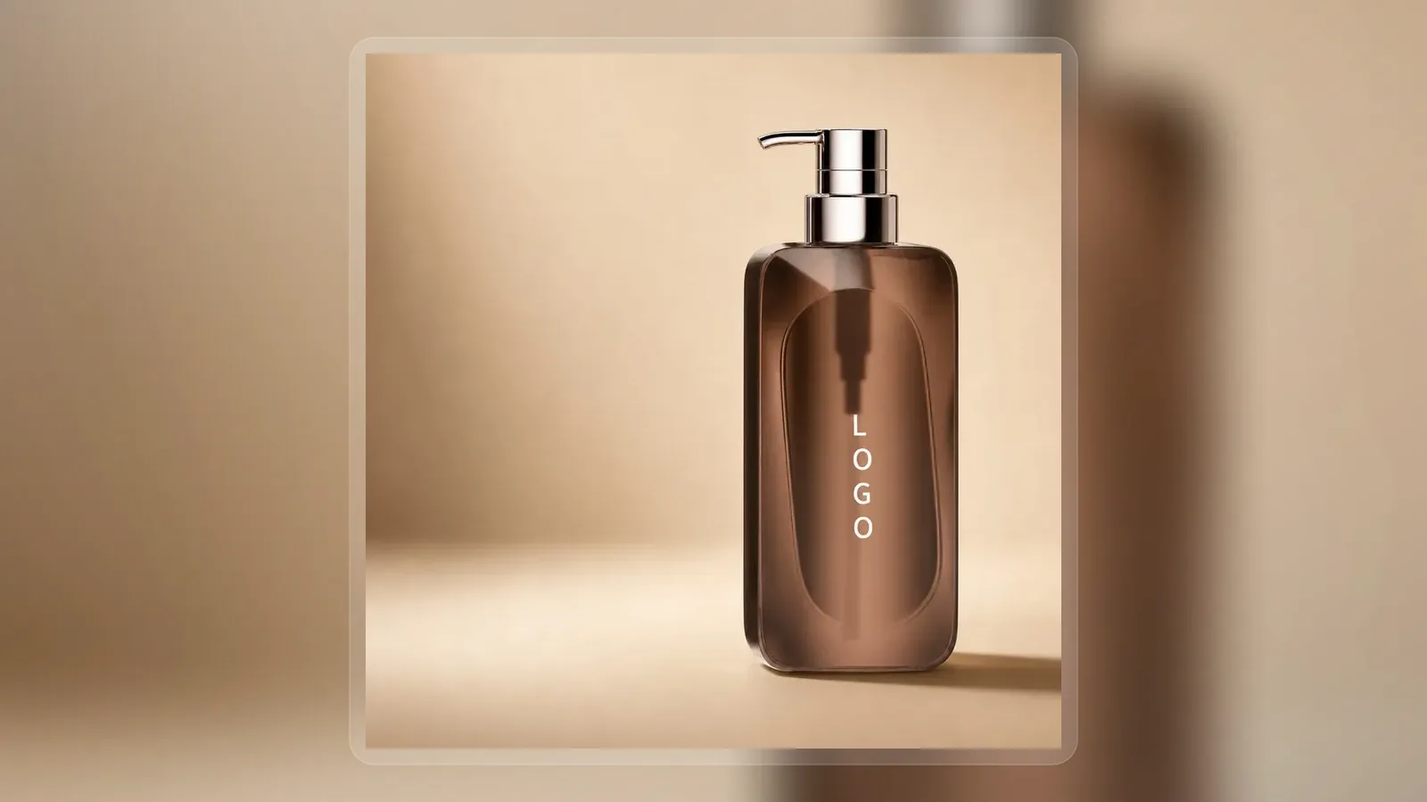 Amber silky hydrating shampoo bottle with metallic pump in wide presentation layout