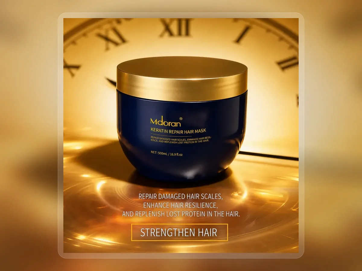 Navy keratin repair hair mask jar with gold lid on premium extended background