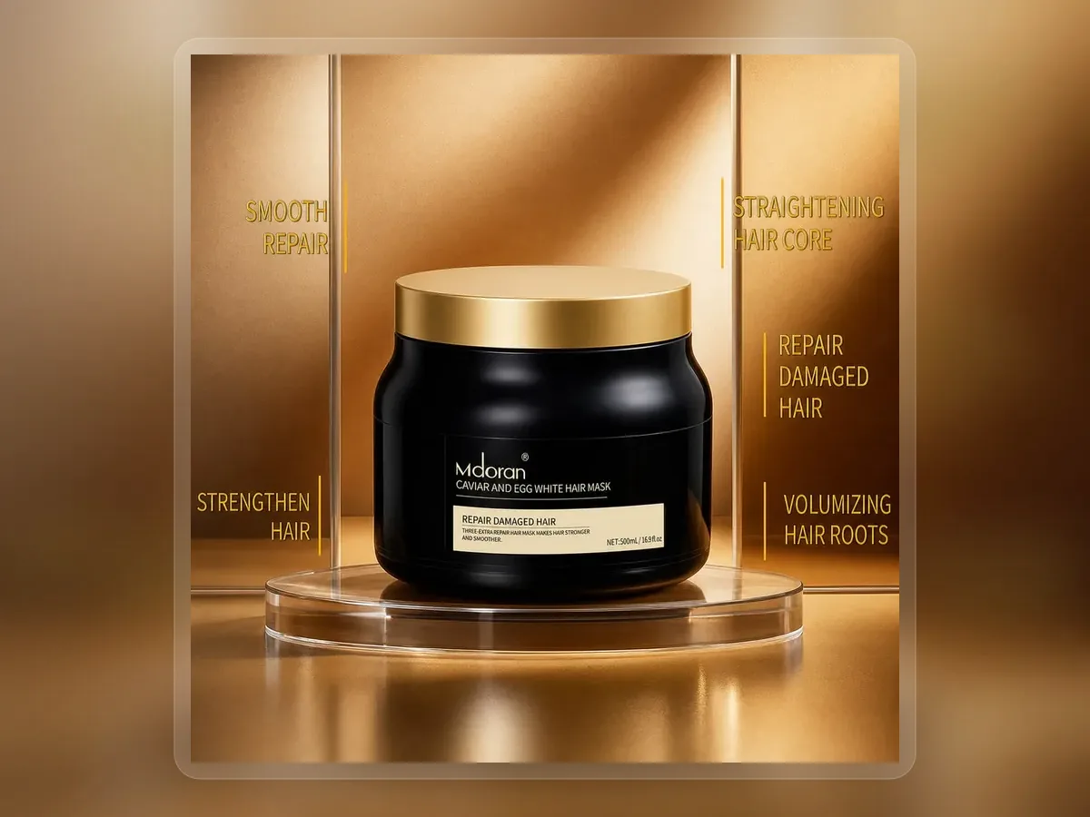Black caviar hair mask jar with gold accented cartons on premium extended background