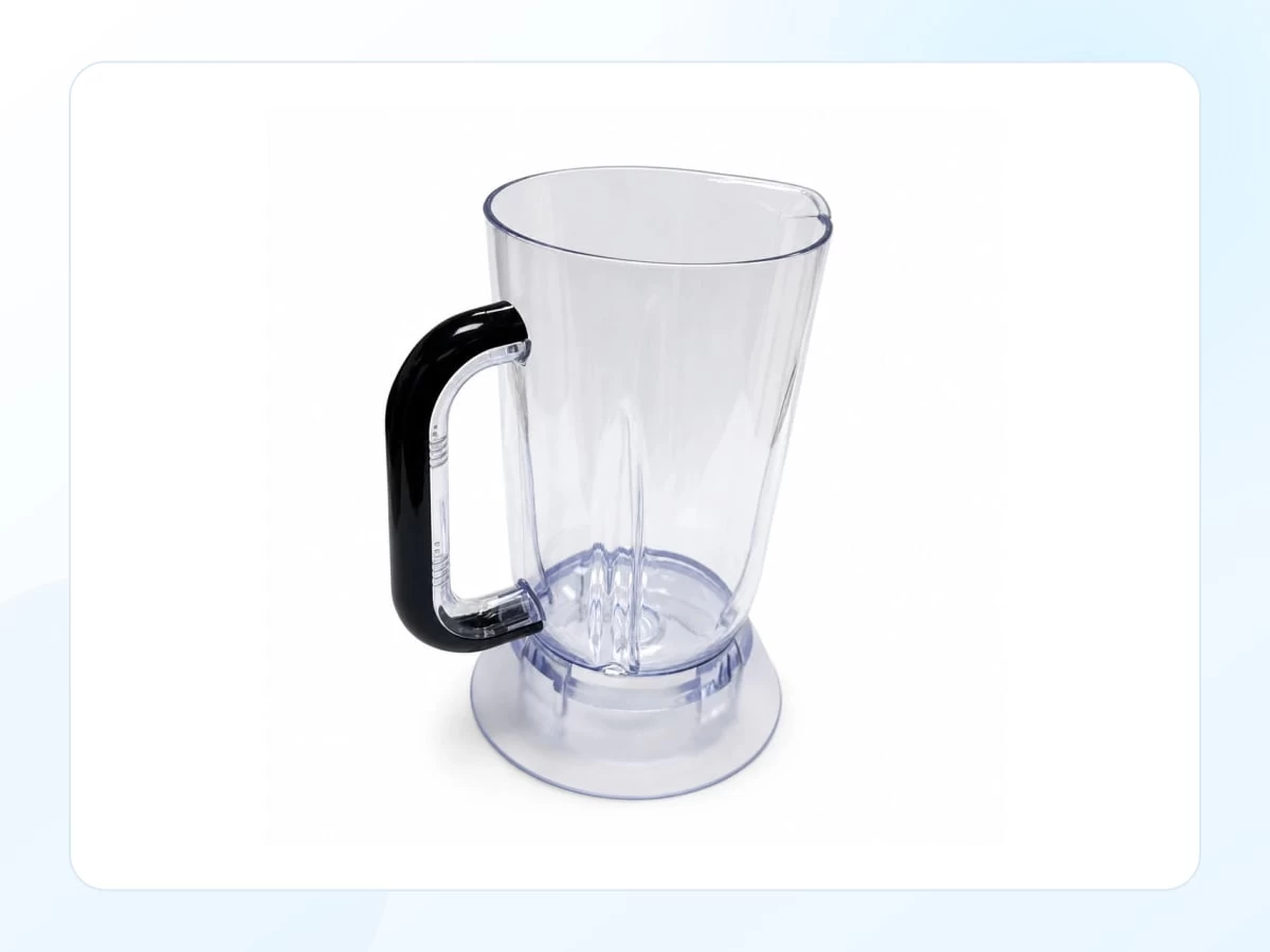 Transparent injection molded blender jar with integrated black handle with key product features