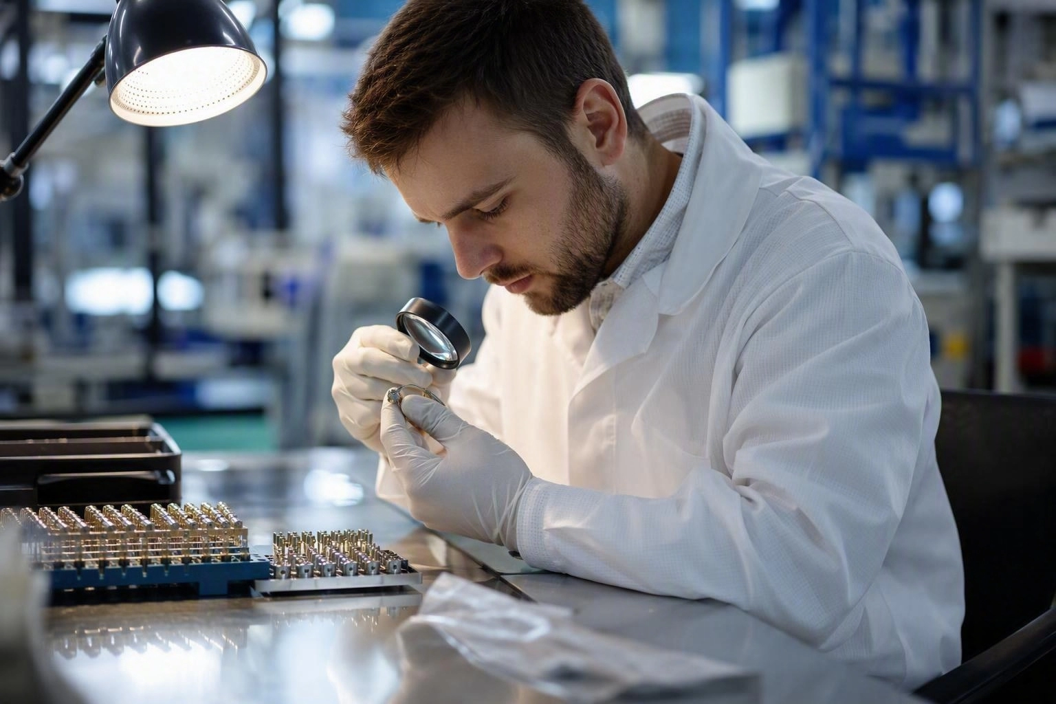 Technician inspecting small precision metal connectors under a bench lamp