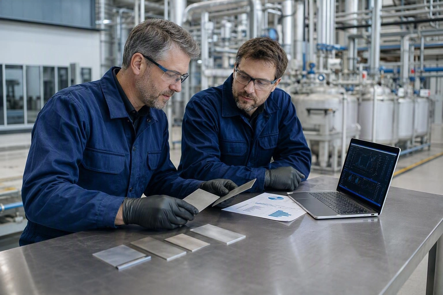 Engineers comparing sample coupons and technical datasheets at a workbench