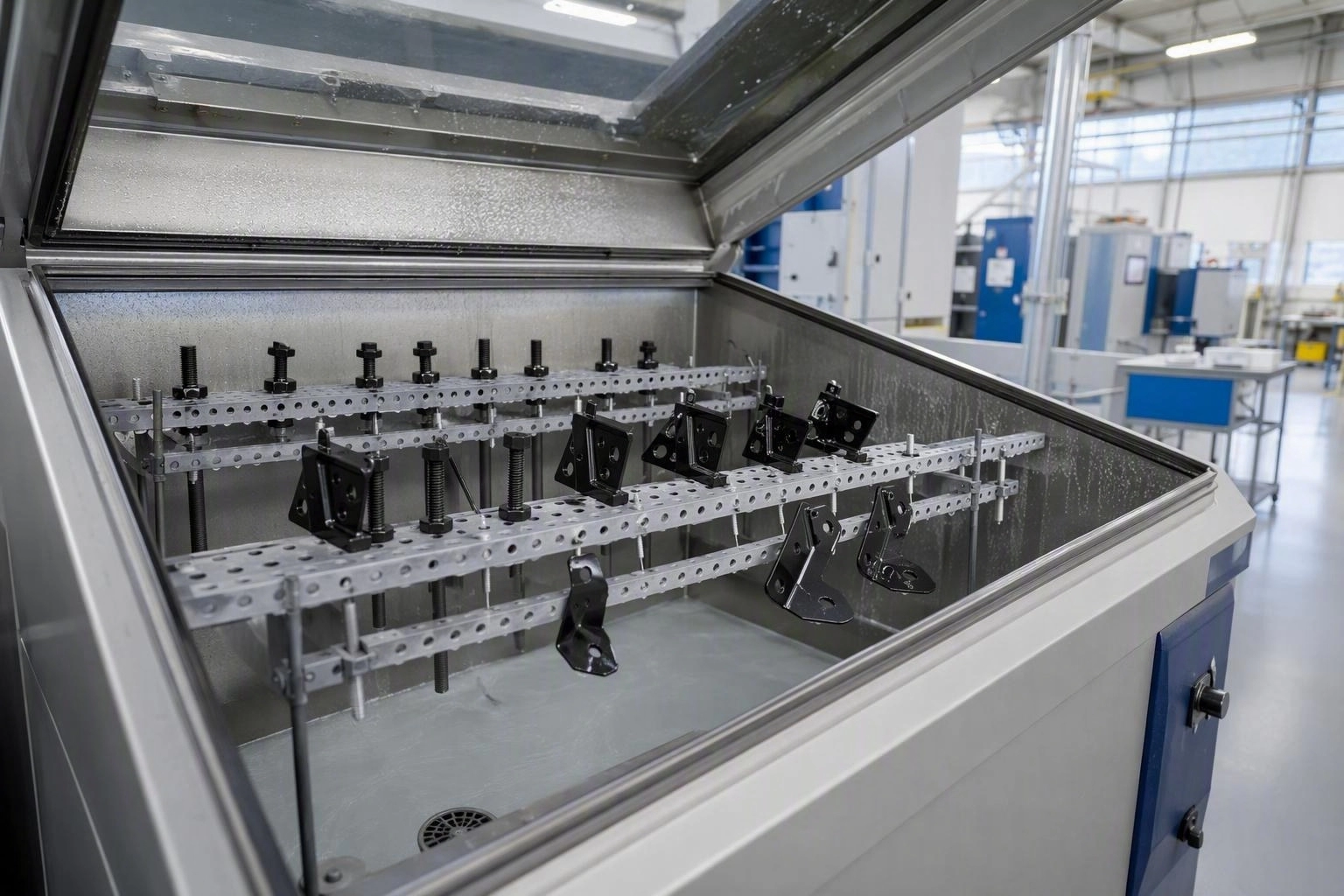 Salt spray test chamber with coated automotive fasteners on racks