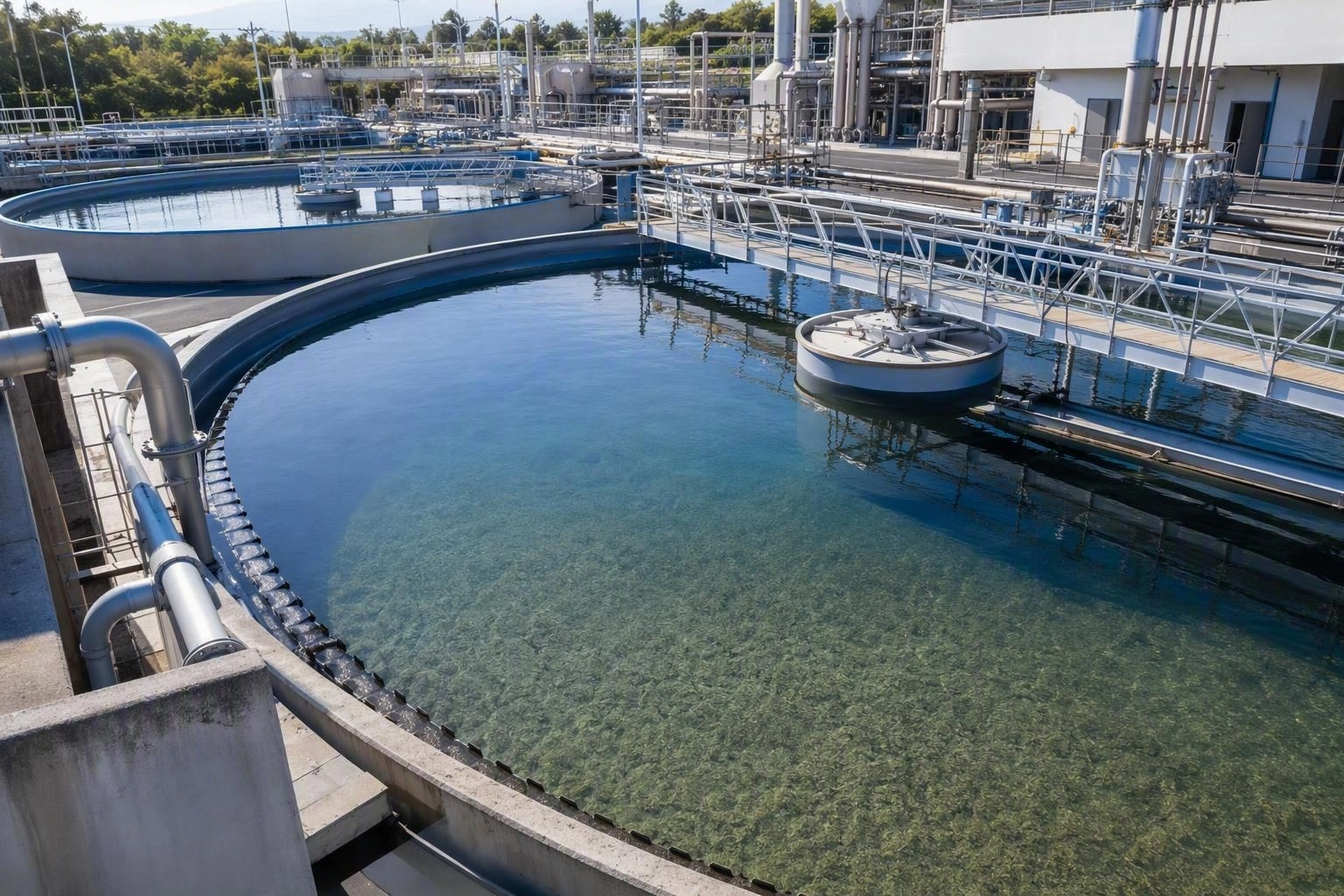 Industrial wastewater treatment tanks with clear settled water