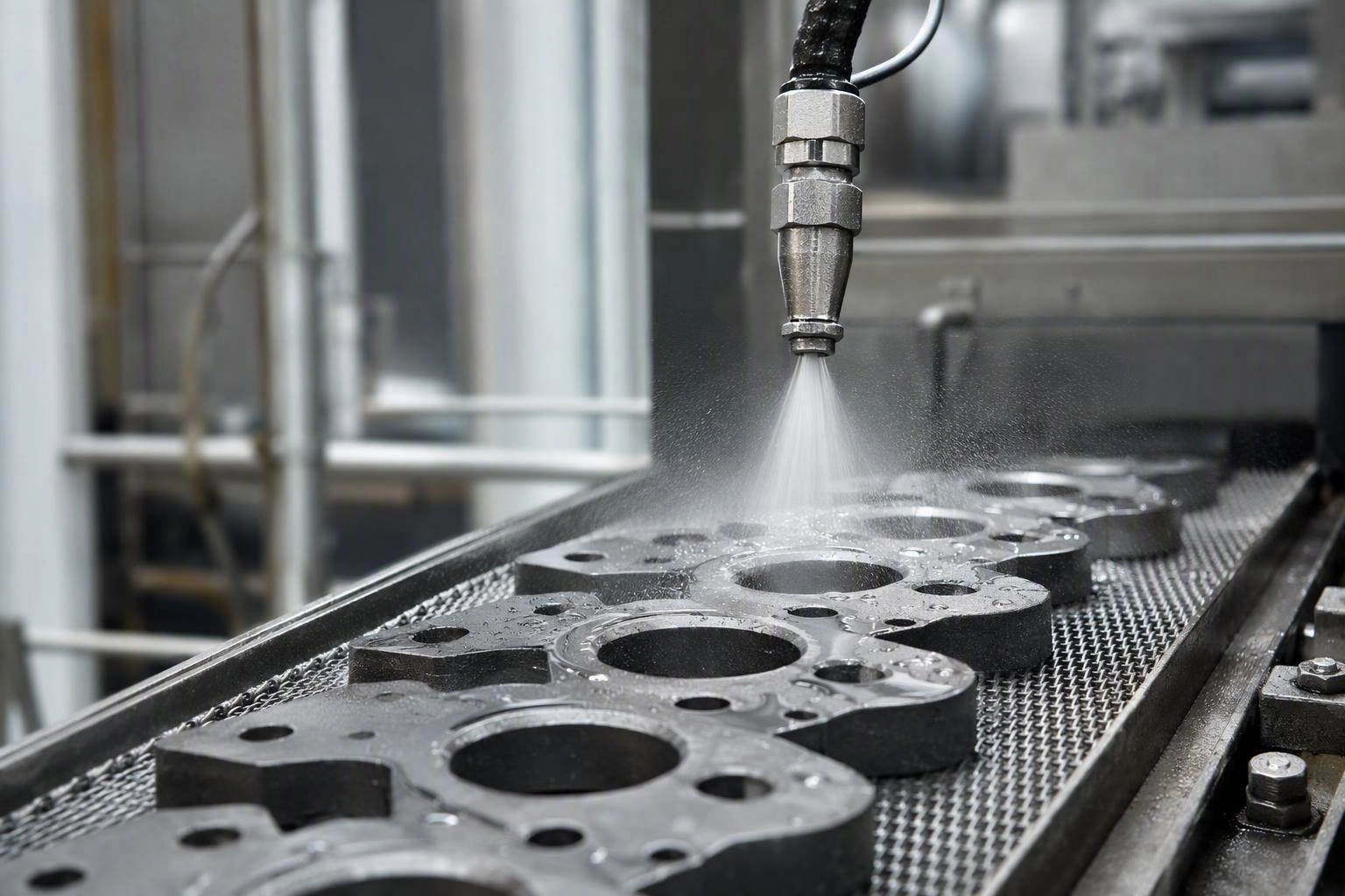 Compressed air blow-off nozzle drying steel parts on a conveyor