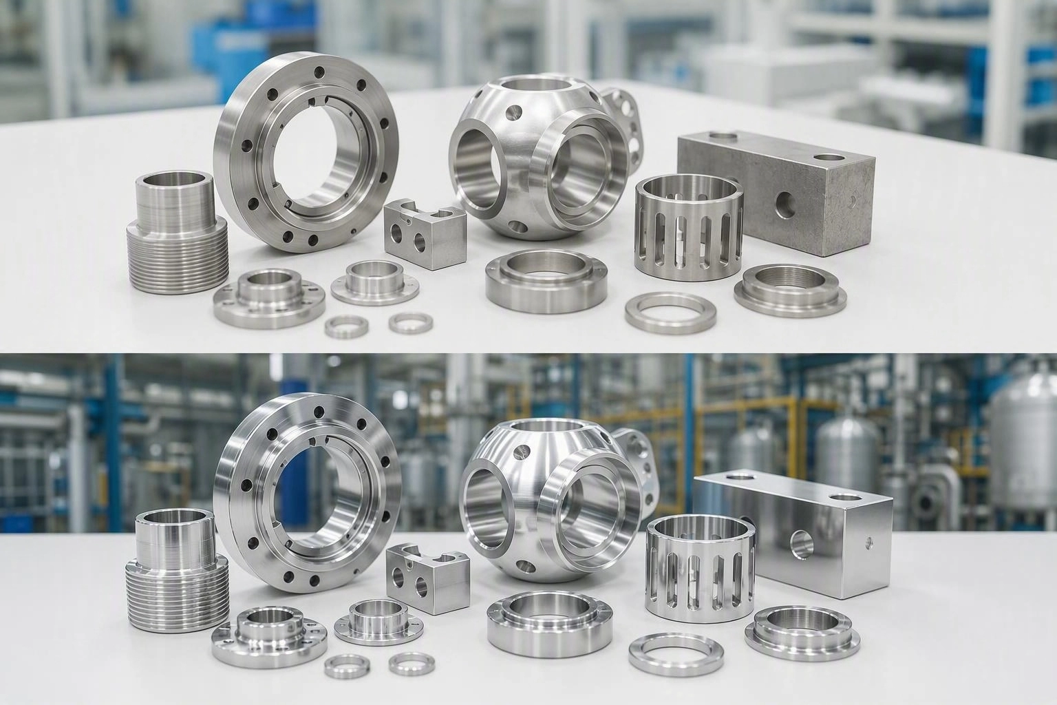 Precision stainless steel and aluminium parts before and after surface treatment