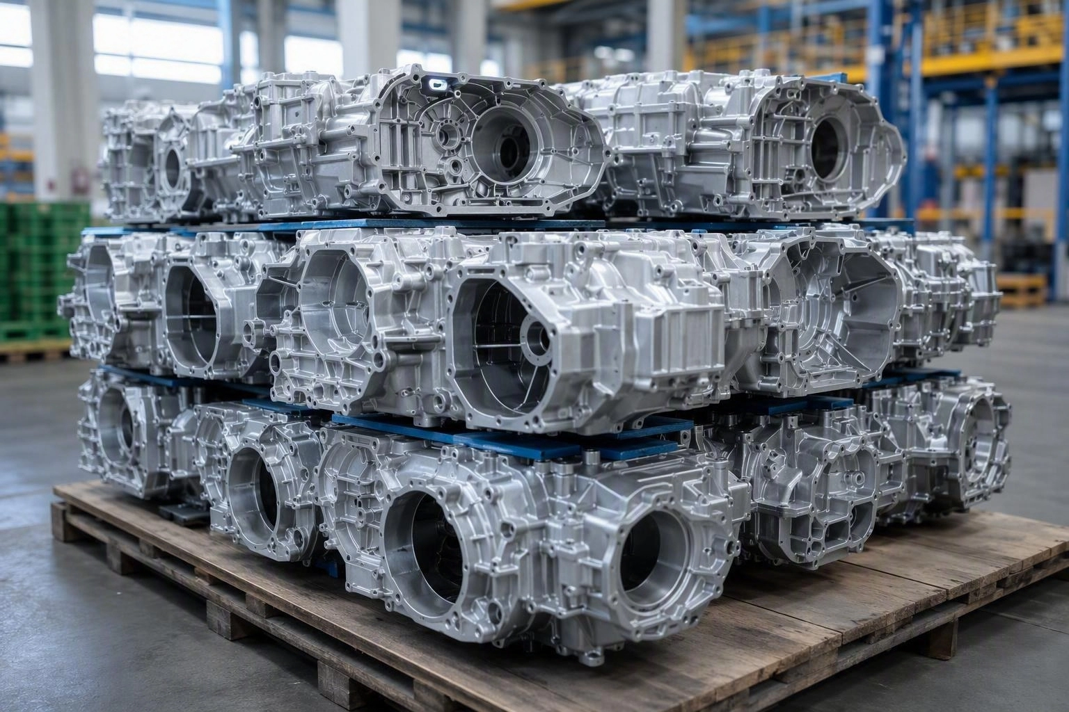 Die cast aluminium engine housings after surface treatment on a pallet