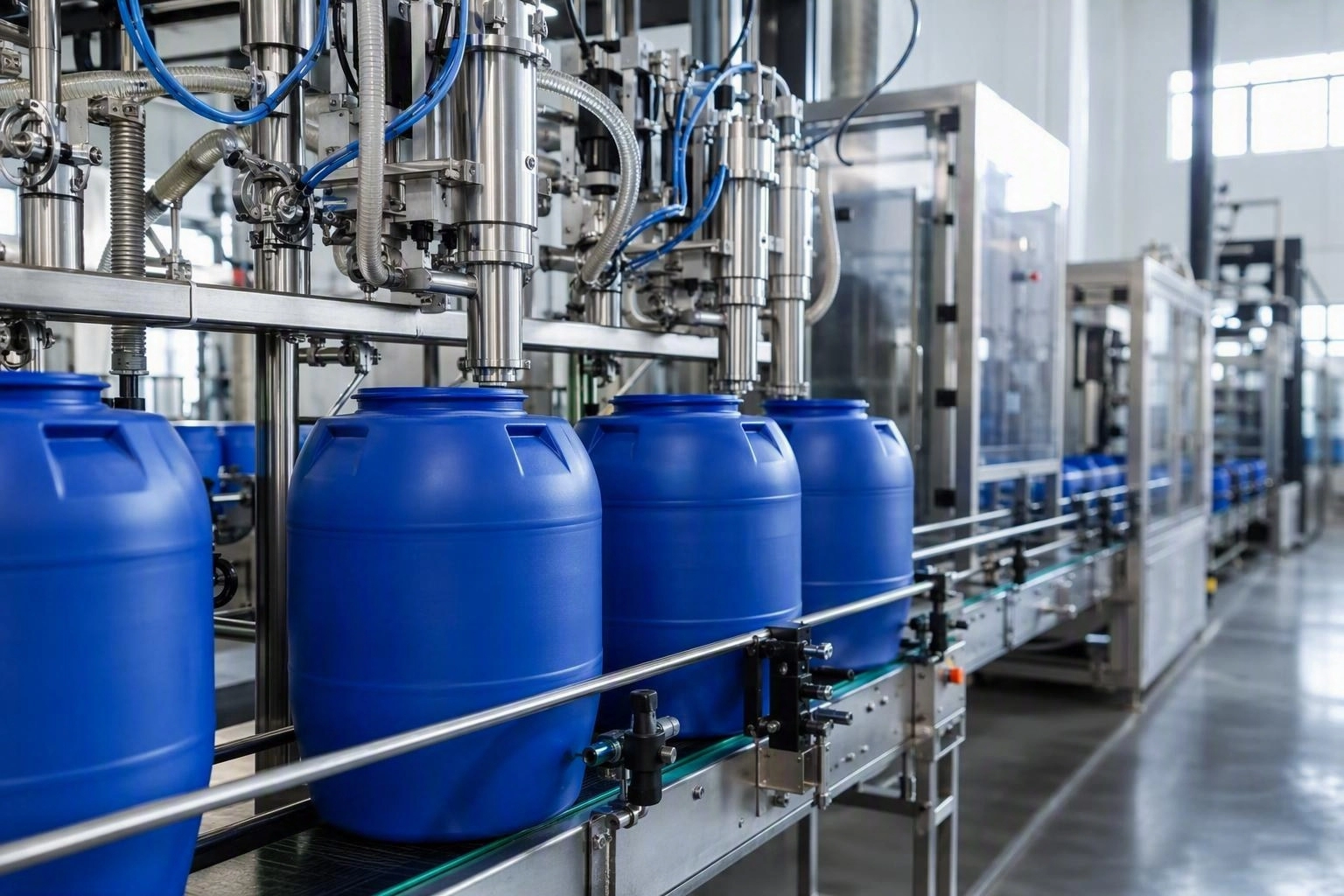 Automated filling line for plastic chemical drums in a packaging hall