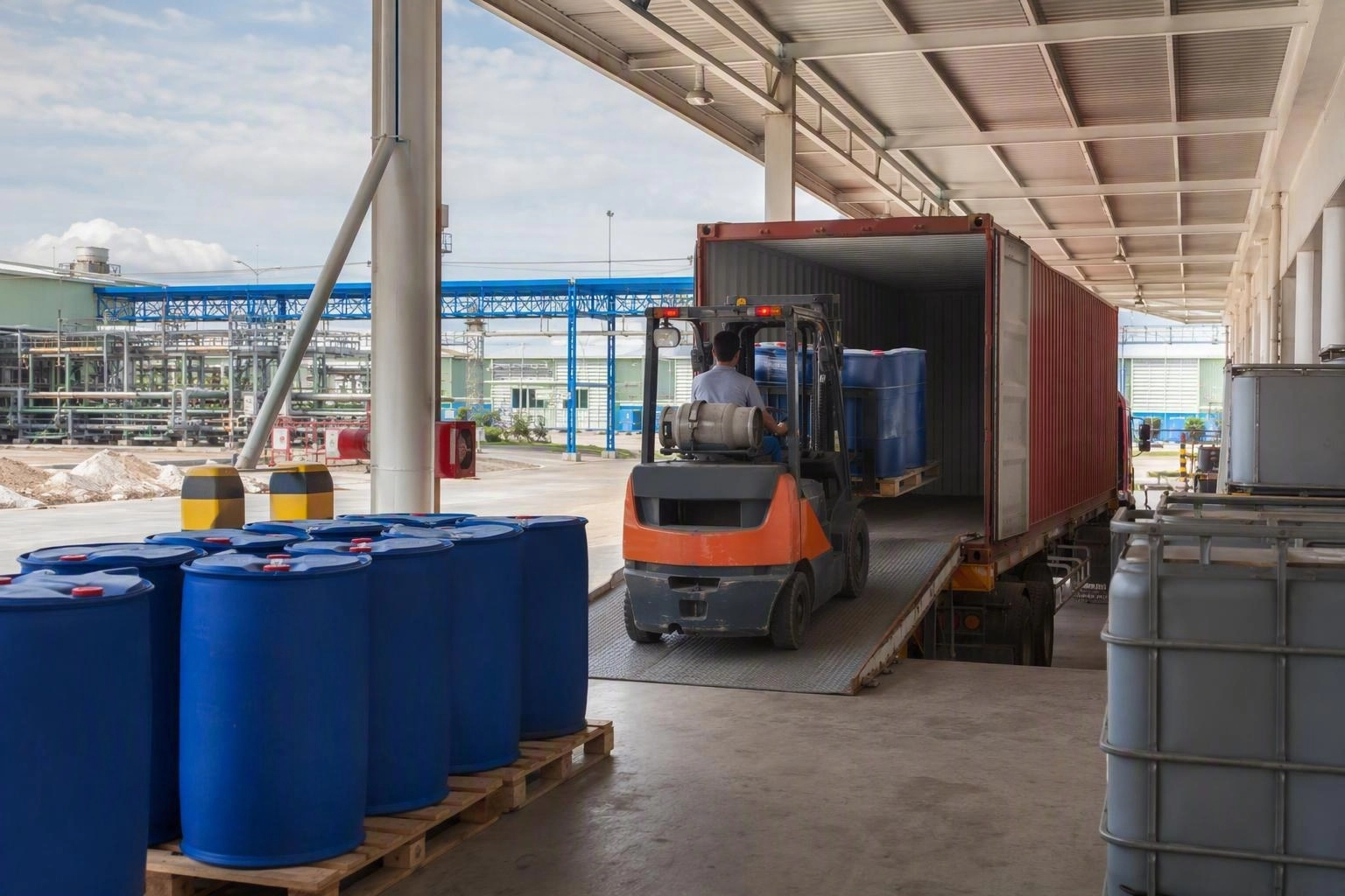 Loading dock with drums on pallets and a container truck being loaded