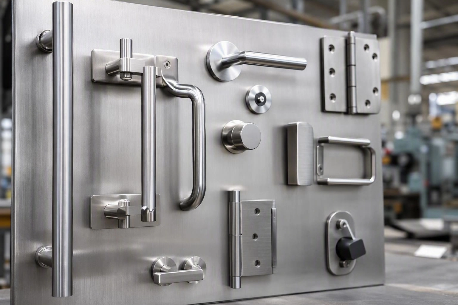 Architectural stainless steel and aluminium hardware on a brushed metal sample board