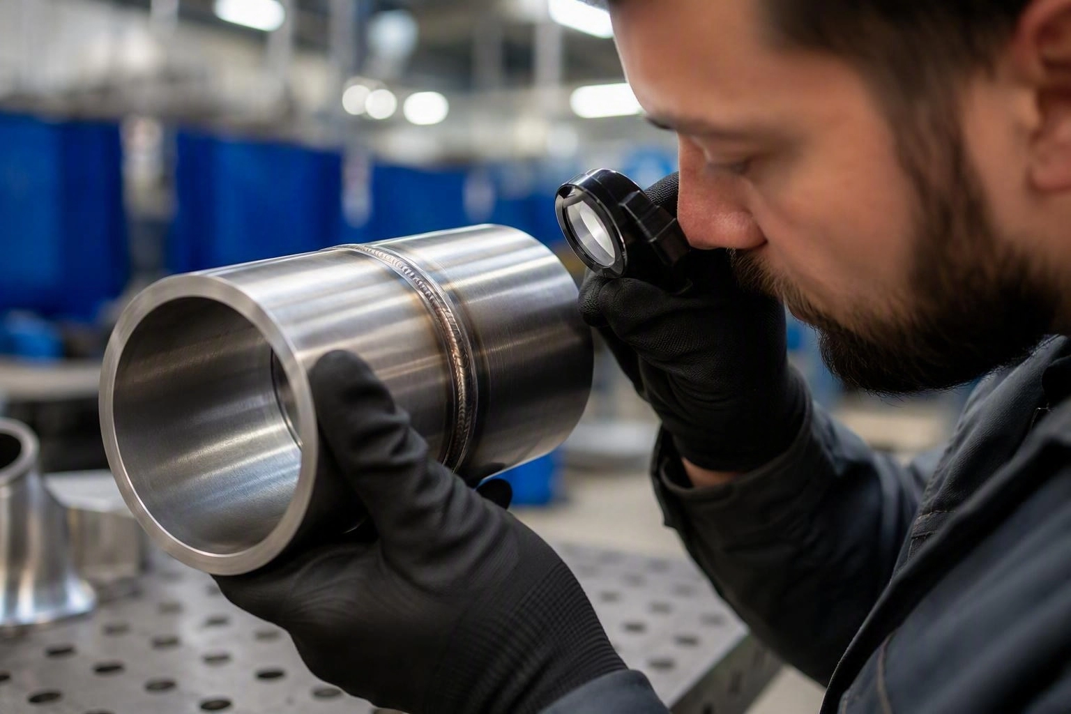 Technician inspecting a stainless steel welded pipe section under inspection light