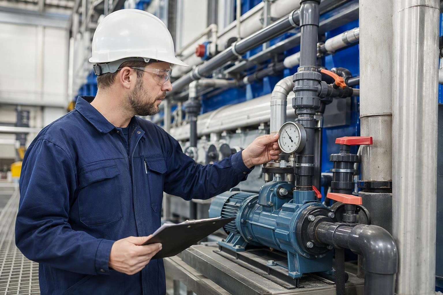 Maintenance engineer checking a circulation pump and valves on a spray system