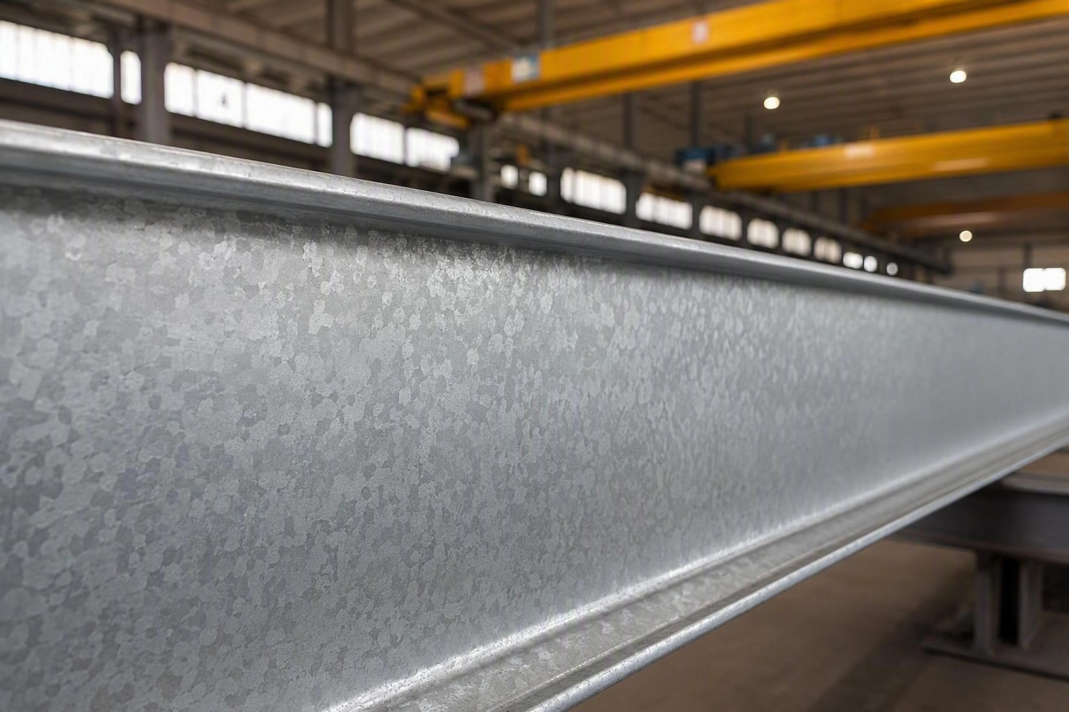 Galvanized steel structural beam with uniform spangle finish in a fabrication workshop