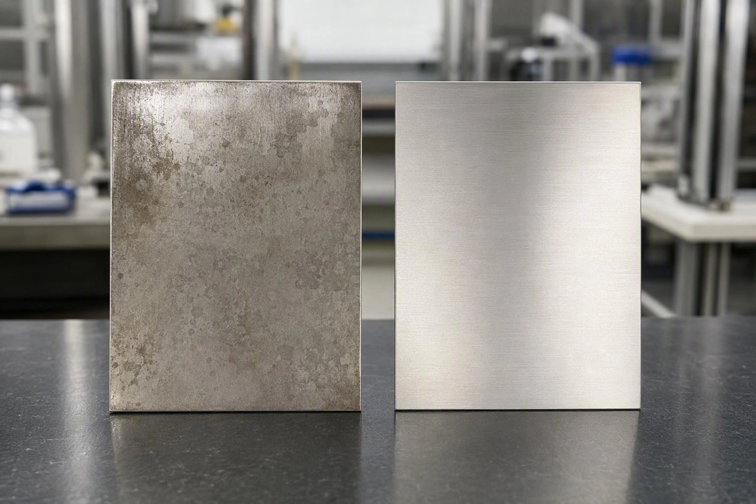 Comparison of a dull oxidized stainless steel panel and a bright passivated panel