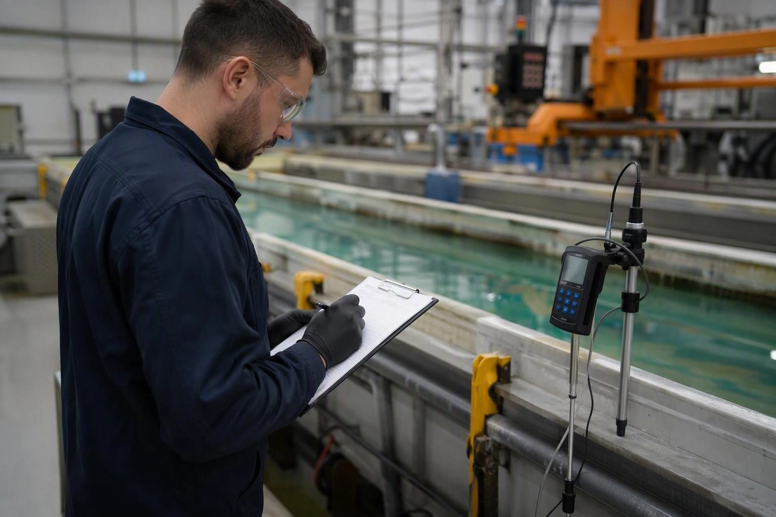 Technician recording pH and temperature readings beside a treatment tank