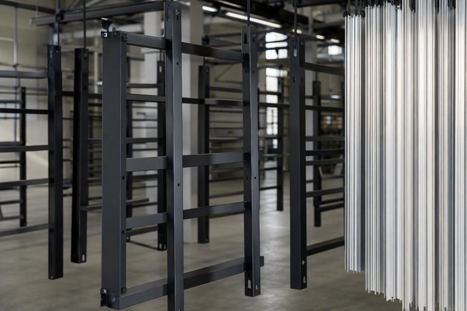 Powder coated steel panels and aluminium extrusions in a drying area