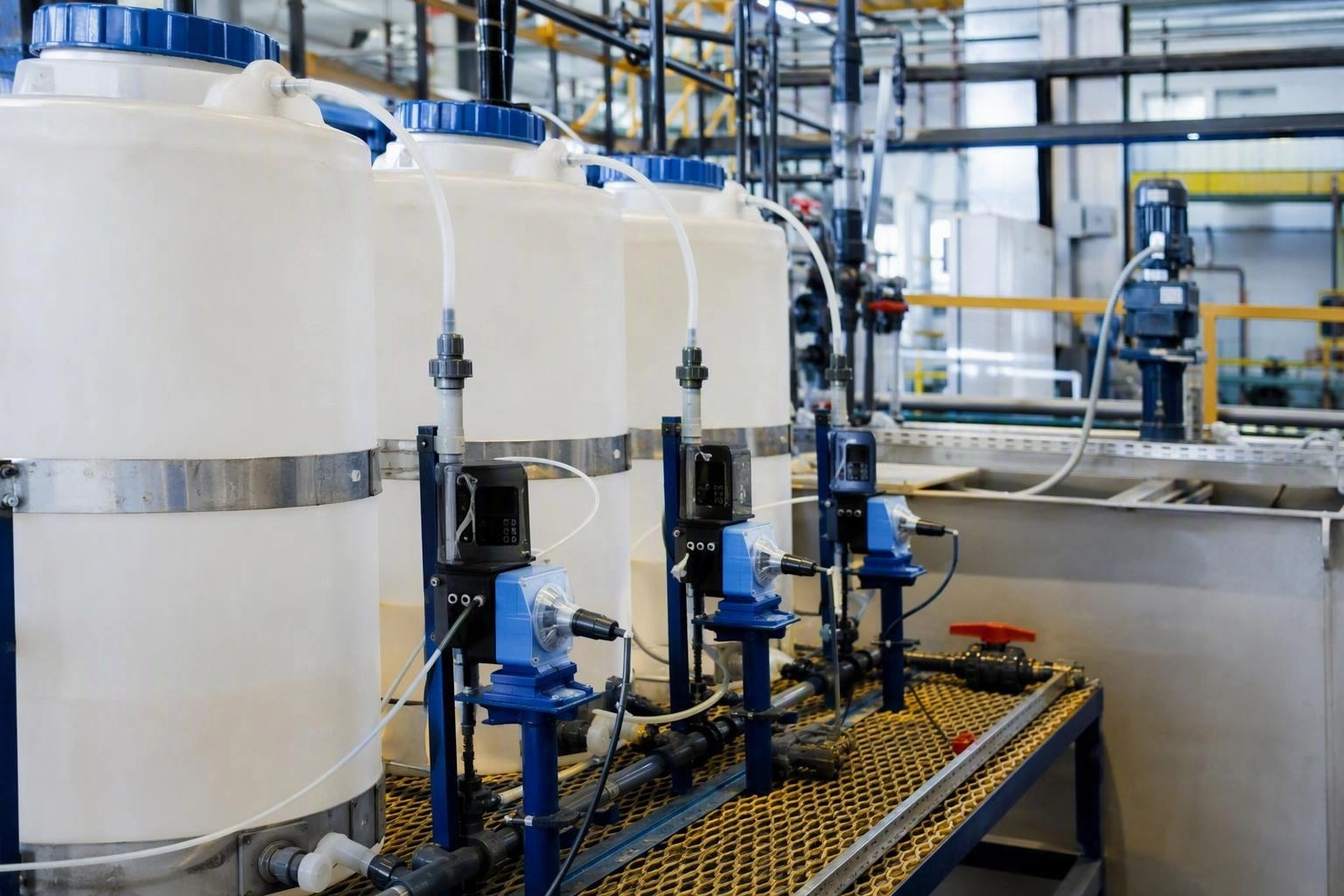 Chemical storage drums connected by dosing pumps to a treatment tank