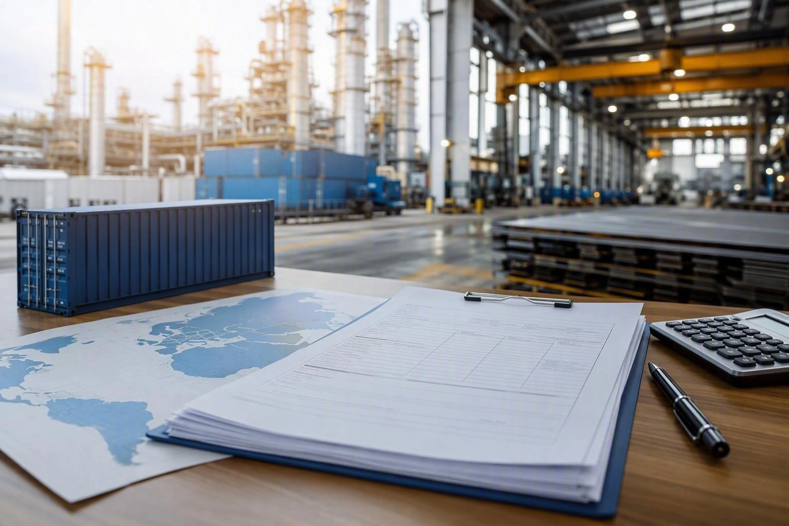 Export documentation on a desk with a world map and shipping container model