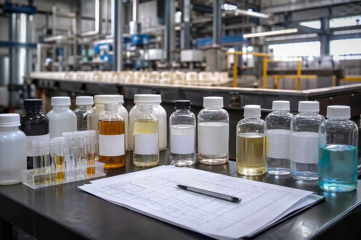 Laboratory sample bottles of metal treatment chemicals with trial record sheets