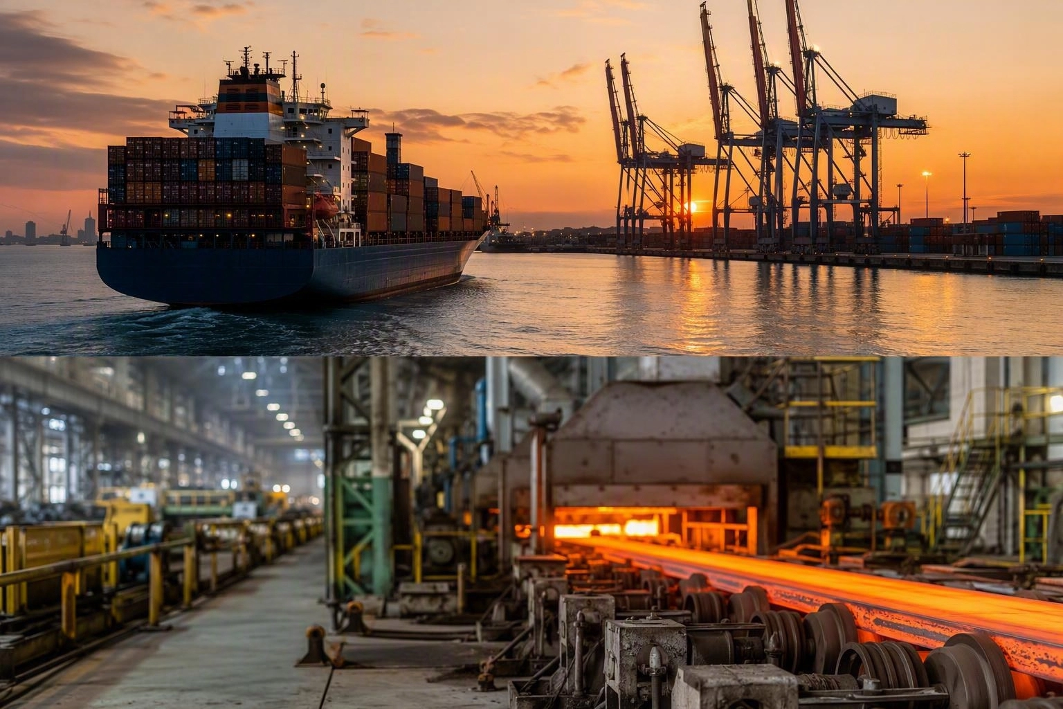 Container ship loaded with containers leaving a port terminal at dusk