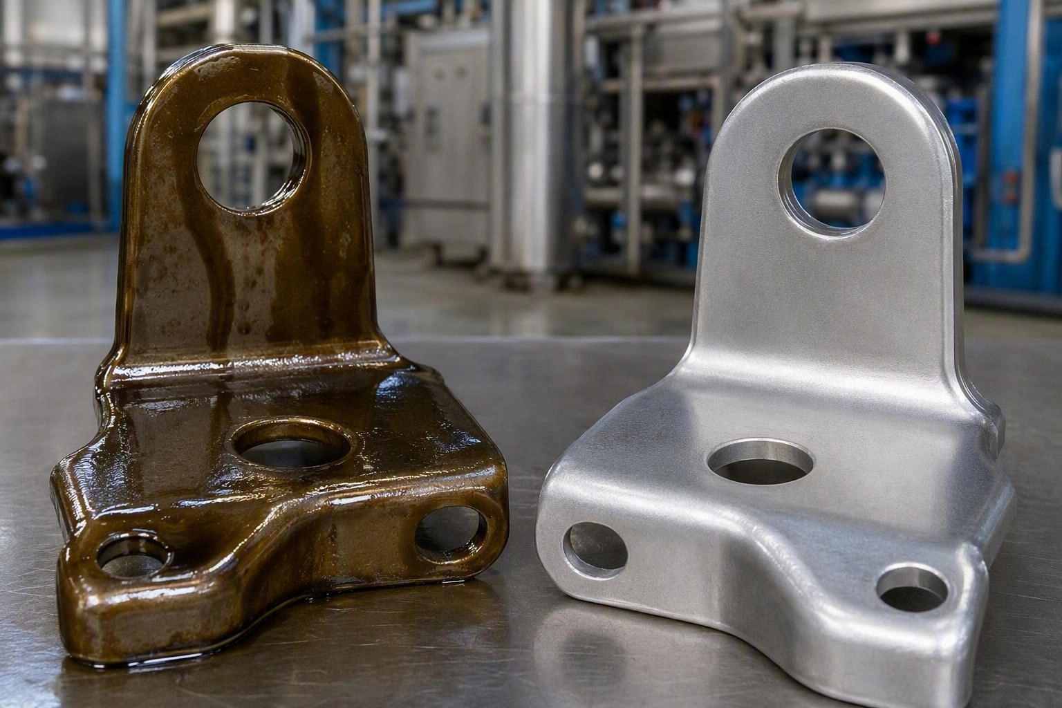 Carbon steel bracket covered in drawing oil before cleaning and after treatment
