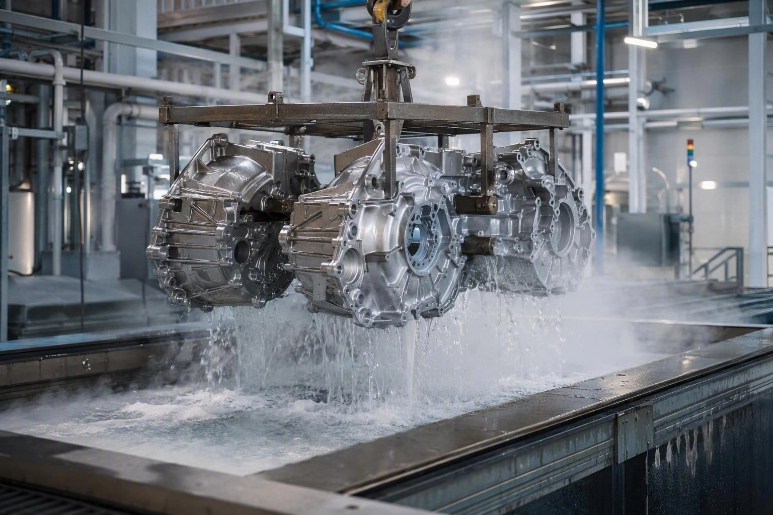 Die cast aluminium housings lifted from an immersion degreasing tank