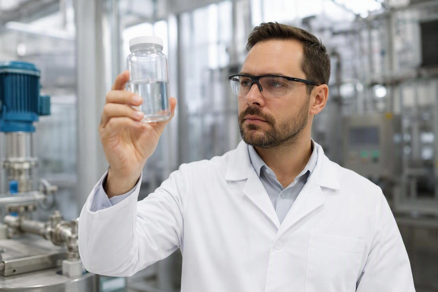 Scientist examining a clear liquid sample in a formulation laboratory