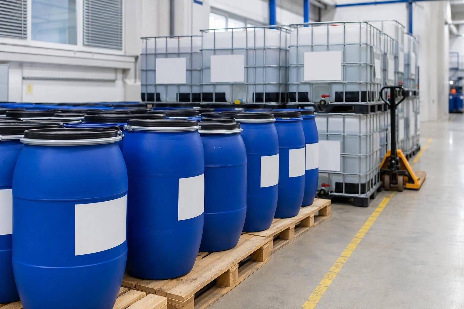 Plastic chemical drums in a cool ventilated storage area