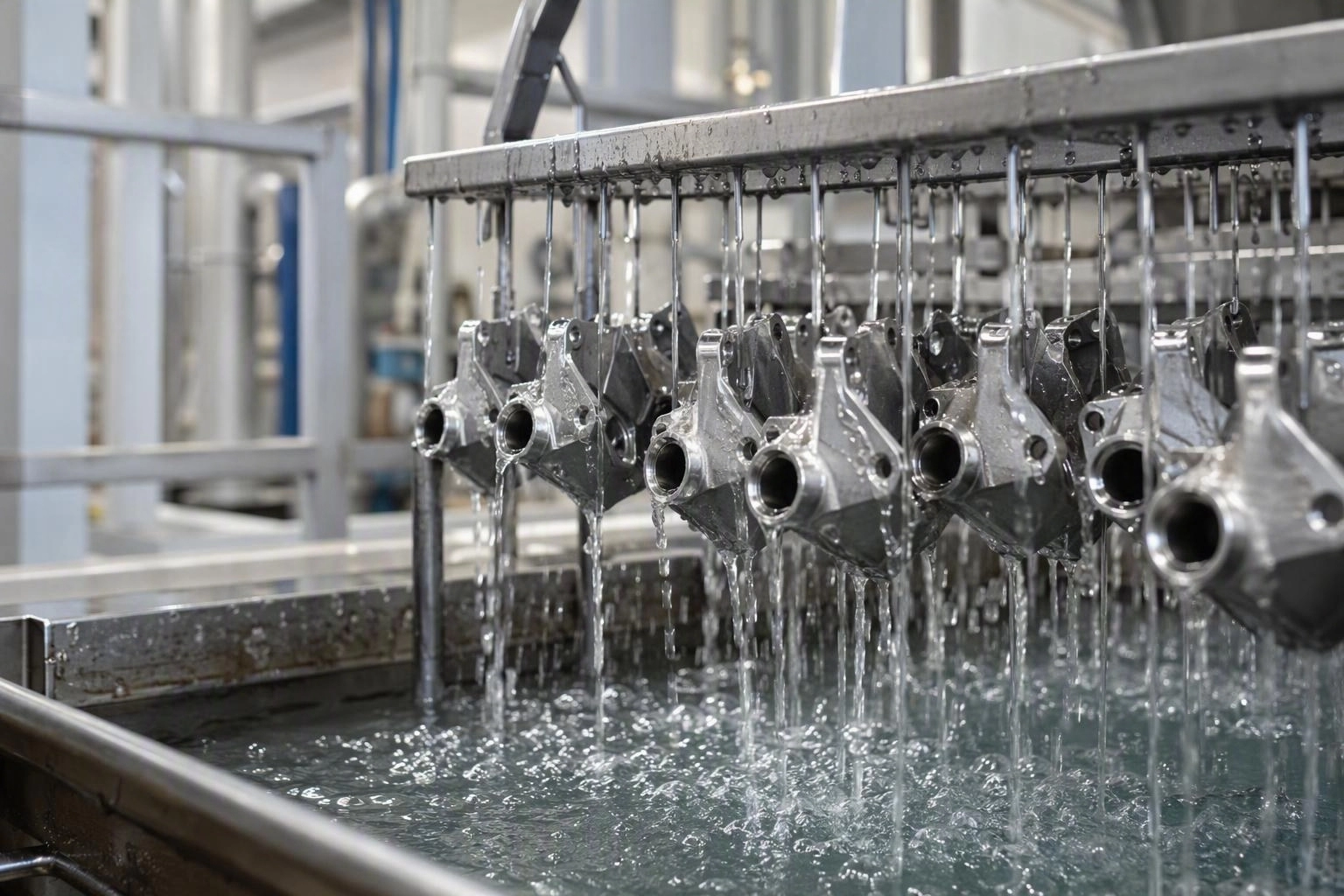 Stainless steel parts on a jig above a rinse tank with water sheeting off
