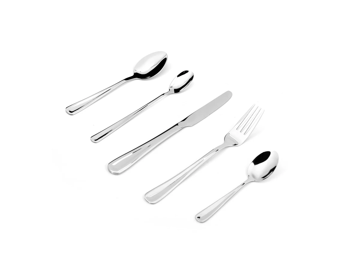 Compact Teardrop stainless steel flatware assortment on white background