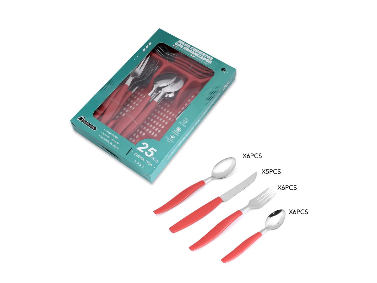 Red-handle stainless steel cutlery displayed in retail packaging