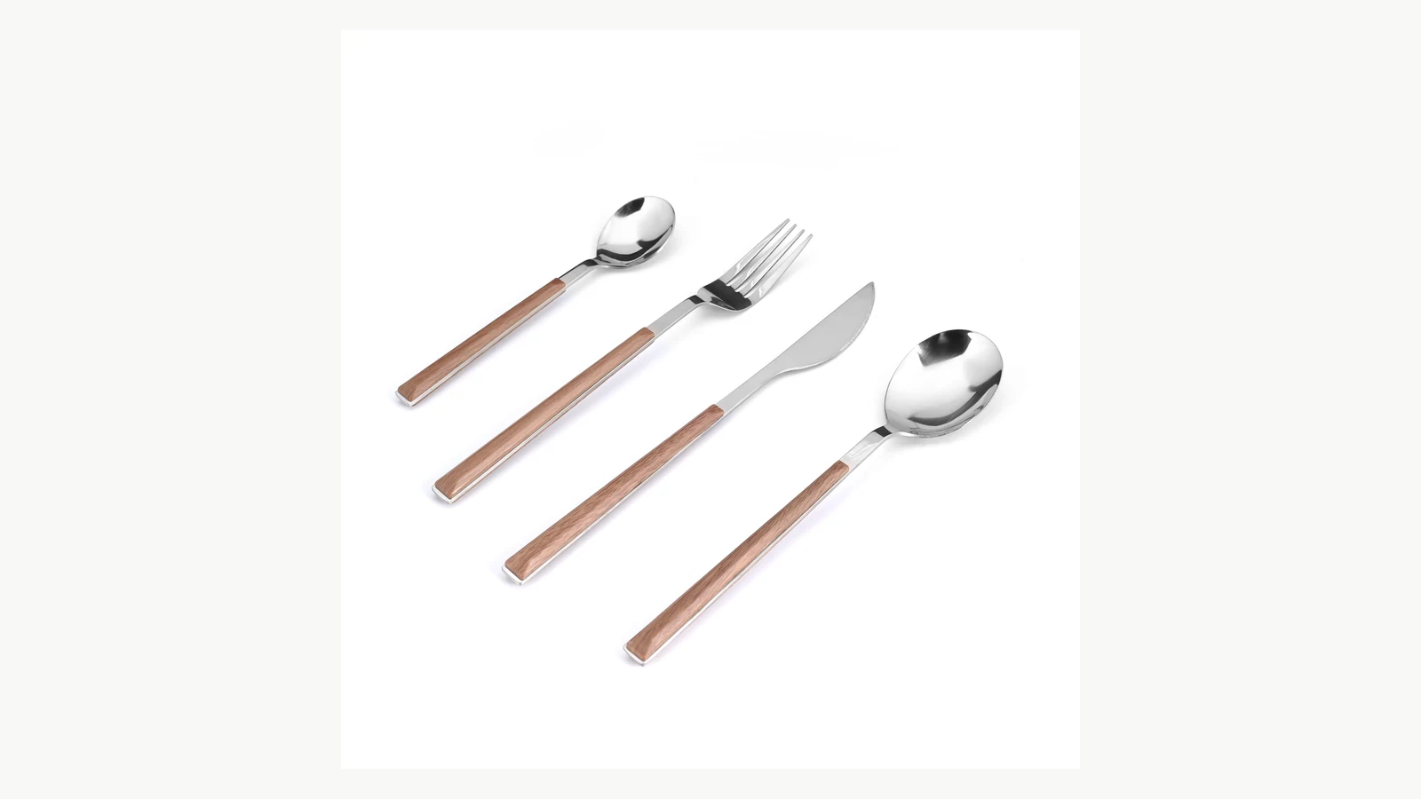 Wood-look handle inserts on stainless steel knife fork and spoons