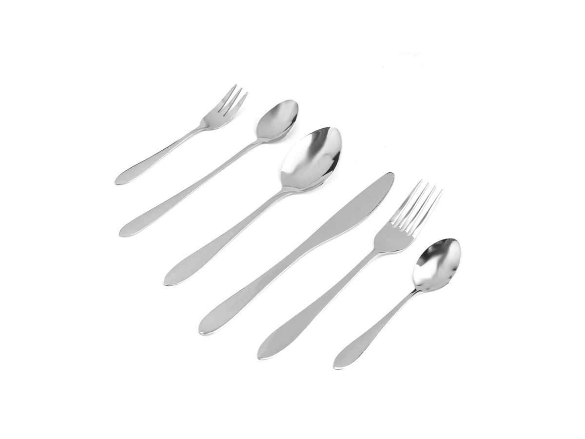 Broad Oval Handle stainless steel flatware assortment on white background