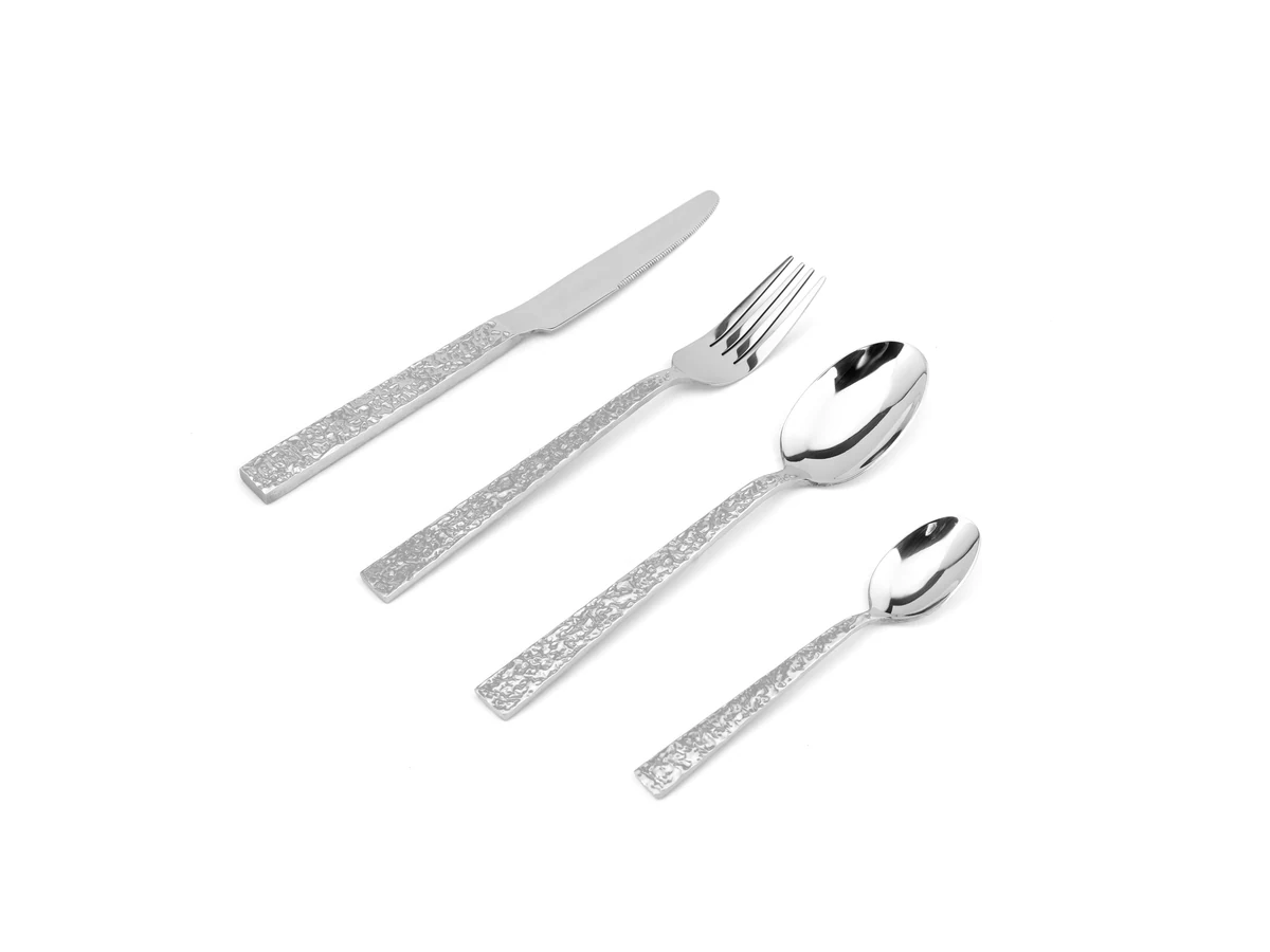 Micro-Hammered Rectangular Handle stainless steel flatware assortment on white background