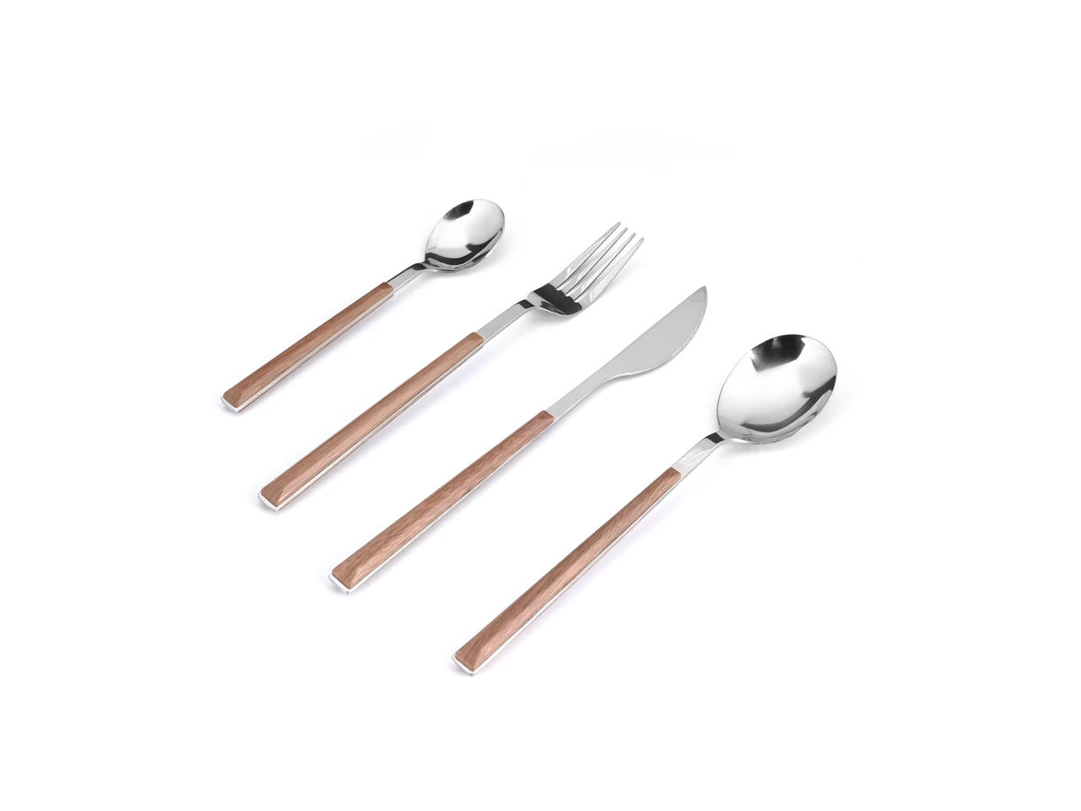 Four-piece stainless steel cutlery set with wood-look inset handles
