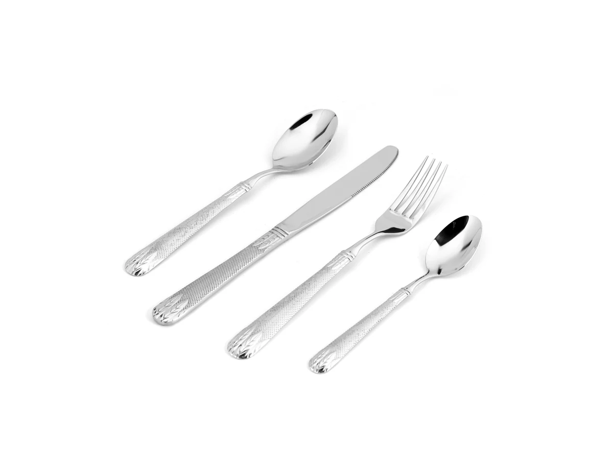 Decorative End-Cap stainless steel flatware assortment on white background