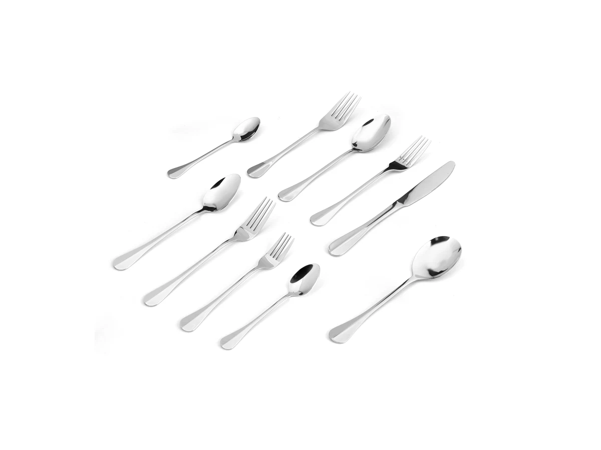 Ten-Piece stainless steel flatware assortment on white background