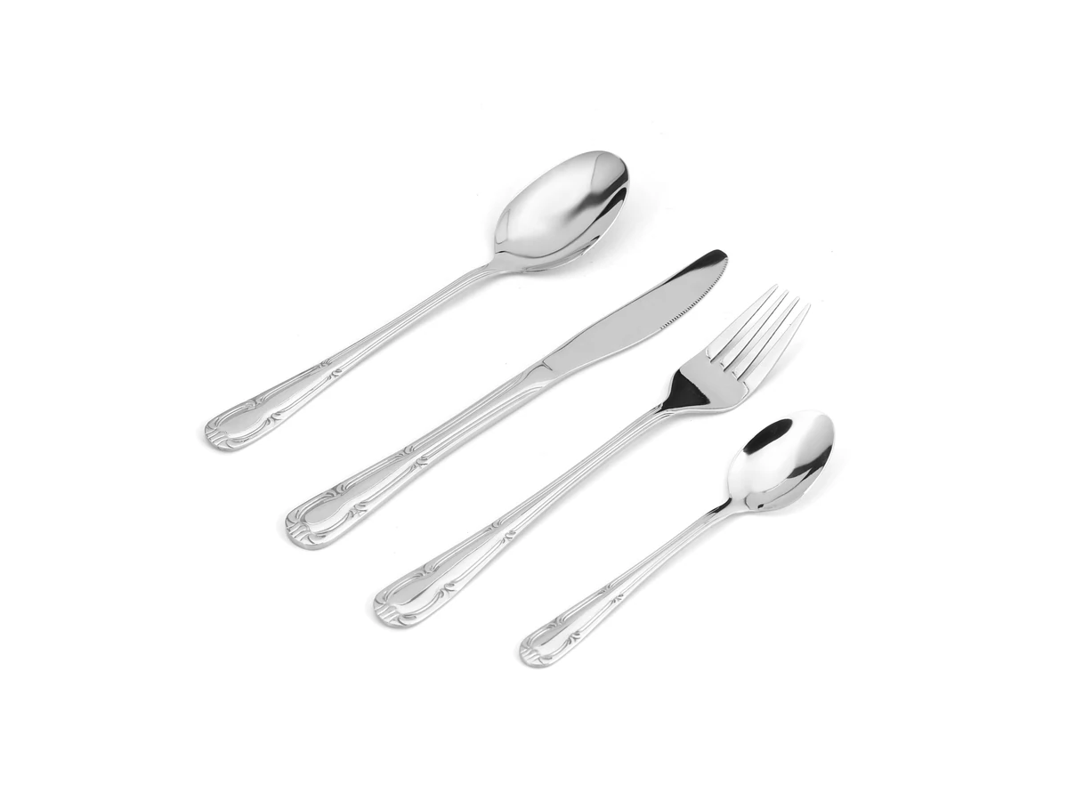 Bordered Relief stainless steel flatware assortment on white background