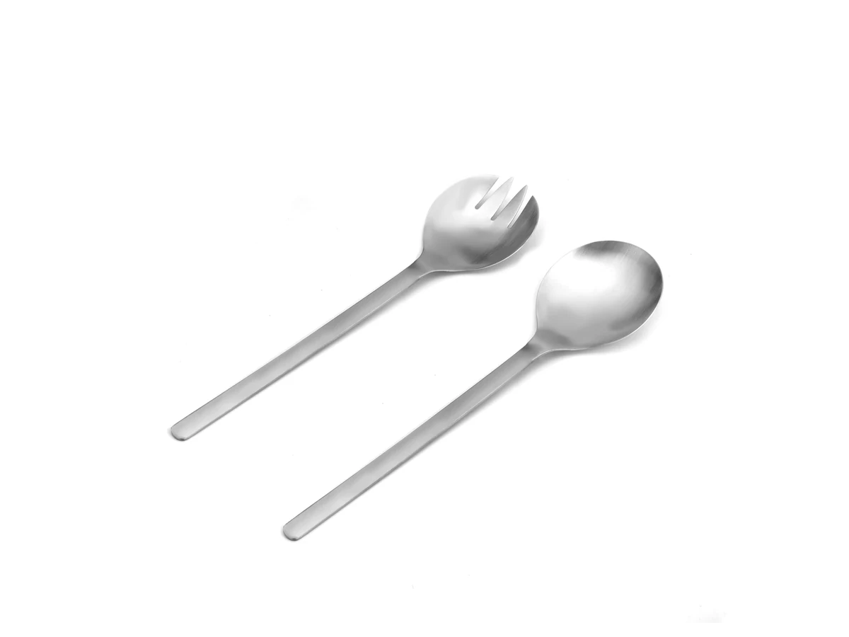 Serving Spoon and Spork Utensil Pair stainless steel flatware assortment on white background