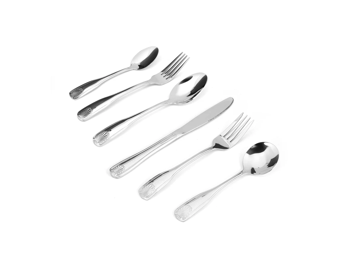 Botanical Embossed stainless steel flatware assortment on white background